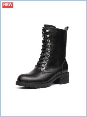 Lace-Up Combat Boots Mid-Calf Faux Leather Women's Winter Zip